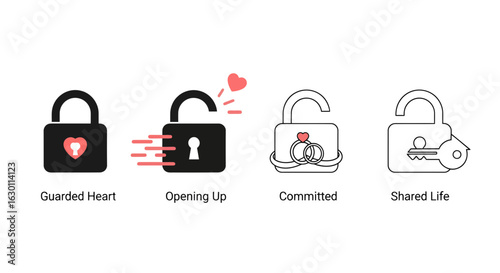 Unlock the journey of love with iconic padlock silhouettes representing commitment, shared life, and opening hearts