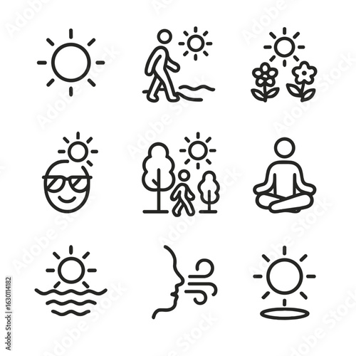 Seasonal Sun Icons. Outline icon set of seasonal sun experience: sunny day icon, beach walk, garden sun, vacation face, nature