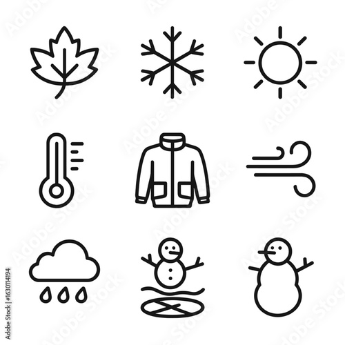 Seasonal Temperature Icons. Outline icon set of seasonal temperature: autumn leaf, ice crystal, blazing sun, snowman, thermometer