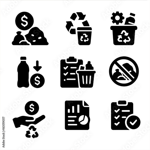 Waste Policy Icons. Solid, filled icons set of policy and regulation for waste diversion: landfill tax,