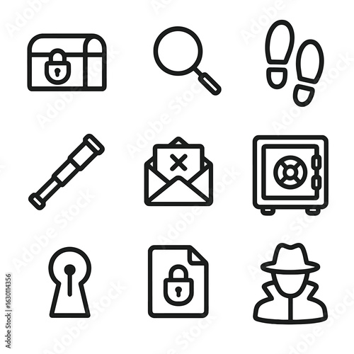 Secrets Icon Set. Outline icon set of revealing secrets: locked chest, magnifying glass, footprints, spyglass, secret letter, safe