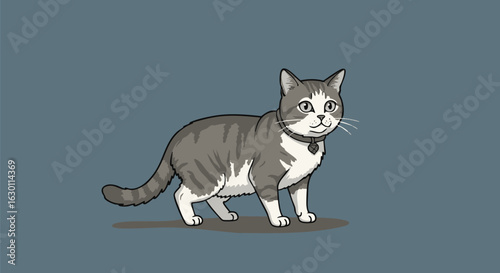 Charming vector illustration of a domestic shorthair tabby cat. The grey and white feline stands in profile view wearing a collar.