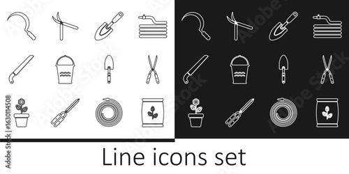 Set line Fertilizer bag, Gardening handmade scissor, trowel spade shovel, Bucket, saw, Sickle, and icon. Vector