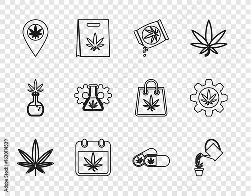 Set line Marijuana or cannabis leaf, Watering marijuana, seeds, Calendar and, Location, Test tube with, Medical pills and icon. Vector