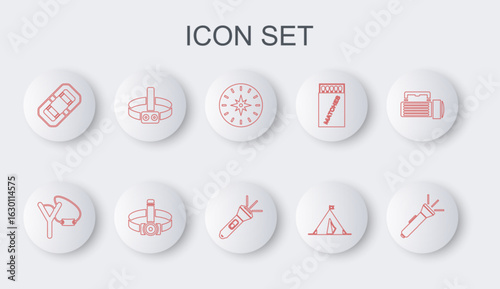 Set line Flashlight, Slingshot, Compass, Tourist tent with flag, Rafting boat, Head flashlight, and icon. Vector