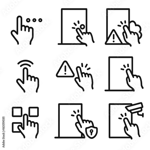 Security Knock Icons. Outline icon set of knock in security: knocking code, access knock, hidden knock, secret signal, alarm