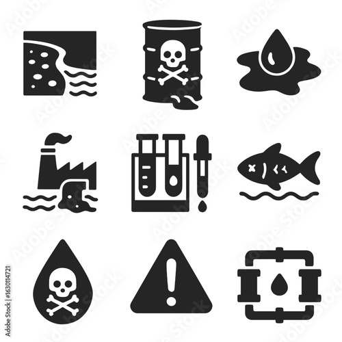 Water Contamination Icons. Solid, filled icons set of water contamination: polluted river, chemical barrel,