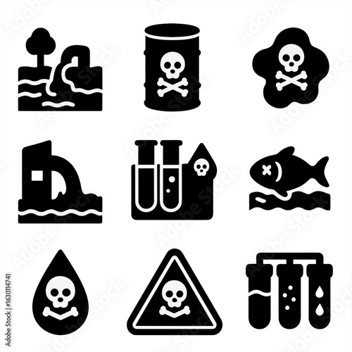 Water Contamination Icons. Solid, filled icons set of water contamination: polluted river, chemical barrel,