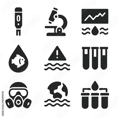 Water Contamination Icons. Solid, filled icons set of water contamination monitoring: sensor device, lab