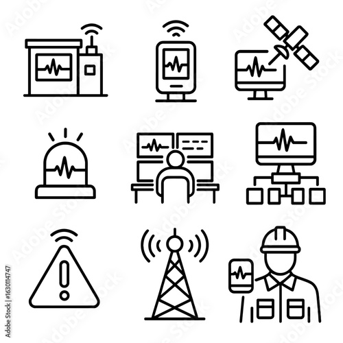 Seismic Monitoring Icons. Outline icon set of seismic monitoring: monitoring station, remote sensor, satellite link, alarm system,