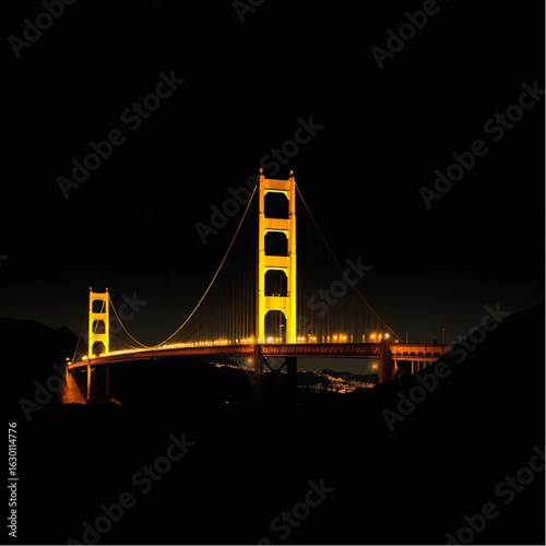 Golden Gate Bridge bathed in golden light in San Francisco at midnight with glowing lanterns
