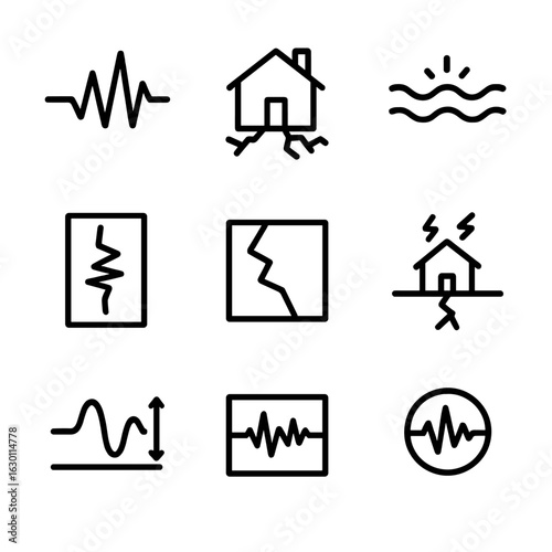 Seismology Icon Set. Outline icon set of amplitude in seismology: seismic wave, earthquake, ground motion, Richter scale, fault