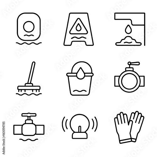 Water Damage Icons. Outline icon set of water damage prevention: water sensor, wet floor sign, water leak, mop