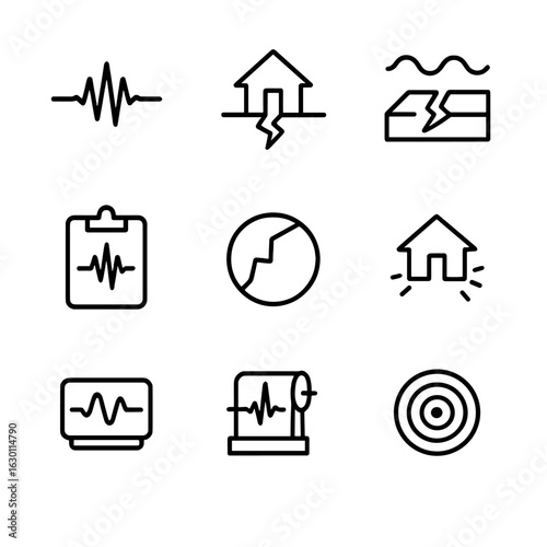 Seismology Icon Set. Outline icon set of amplitude in seismology: seismic wave, earthquake, ground motion, Richter scale, fault