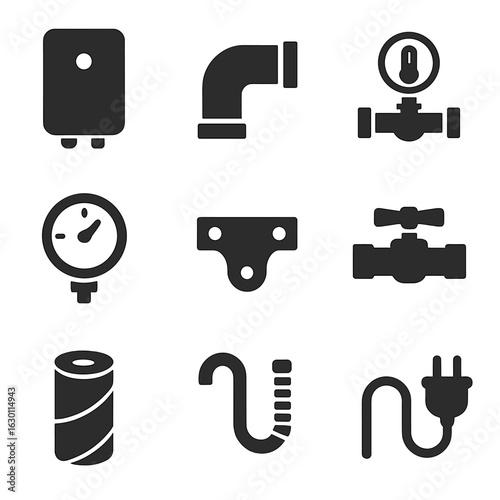 Water Heater Icons. Solid, filled icons set of water heater installation: water heater tank, pipe fitting,