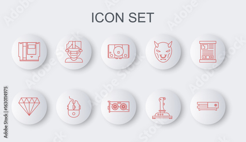 Set line Video game console, Diamond, Joystick for arcade machine, Cartridge, Virtual reality glasses, Computer mouse gaming and graphic card icon. Vector