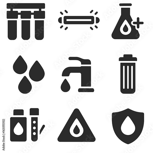 Water Purification Icons. Solid, filled icons set of water purification process: filtration system, UV light,