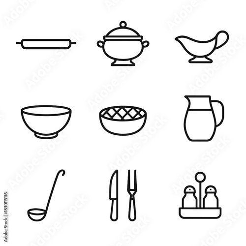 Serving Essentials Icons. Outline icon set of serving essentials: serving tray, soup tureen, gravy boat, salad bowl, bread basket,