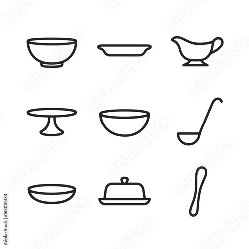 Serveware Icon Set. Outline icon set of basic serveware: serving bowl, serving platter, gravy boat, cake stand, salad bowl, ladle,