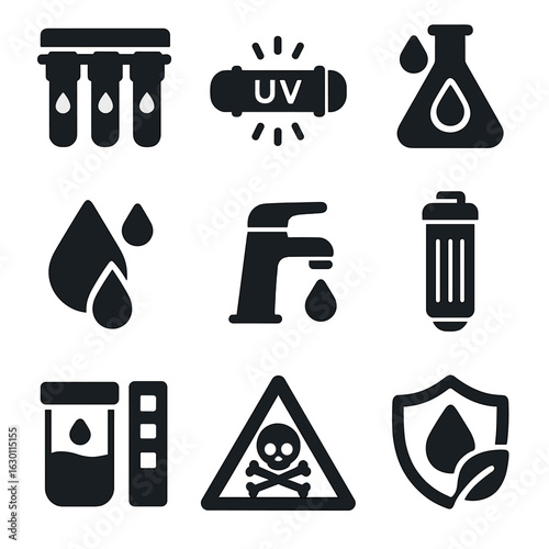 Water Purification Icons. Solid, filled icons set of water purification process: filtration system, UV light,