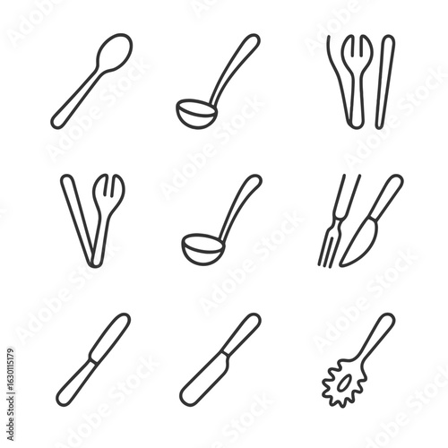 Serving Tools Icons. Outline icon set of serving tools: serving spoon, soup ladle, pie server, salad tongs, gravy ladle, carving