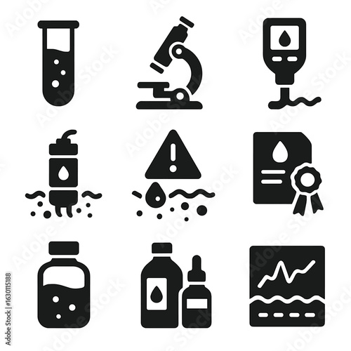 Water Quality Icons. Solid, filled icons set of water quality monitoring: test tube, lab microscope, pH meter,