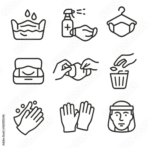 Icon Sets_ Hygiene & Monks. Outline icon set of mask hygiene: washing mask, sanitizing spray, drying mask, storing mask, replacing