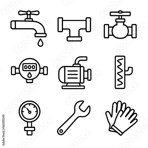 Water System Icons. Outline icon set of water supply system: faucet, pipe, valve, water meter, pump,