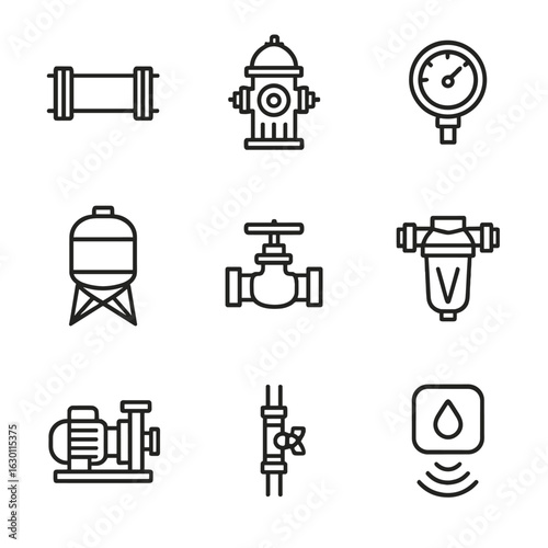 Water System Icons. Outline icon set of water distribution system: main pipe, hydrant, pressure gauge, storage