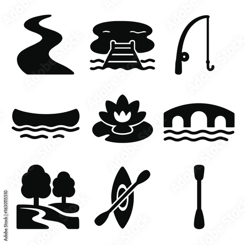 Water-Themed Icon Set. Solid, filled icons set of rivers and lakes: flowing river, lake with dock, fishing rod