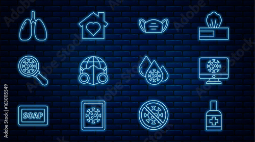 Set line Liquid antibacterial soap, Virus statistics on monitor, Medical protective mask, Earth with medical, under magnifying glass, Lungs, Blood test and virus and House heart inside icon. Vector