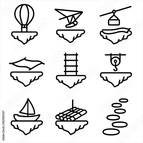 Floating Island Transport Icons. Outline icon set of floating island transportation: hot air balloon, glider, zipline, flying