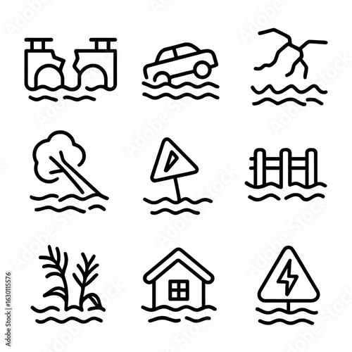 Flood Damage Icons. Outline icon set of flood damage: broken bridge, submerged car, cracked pavement, fallen tree, damaged road