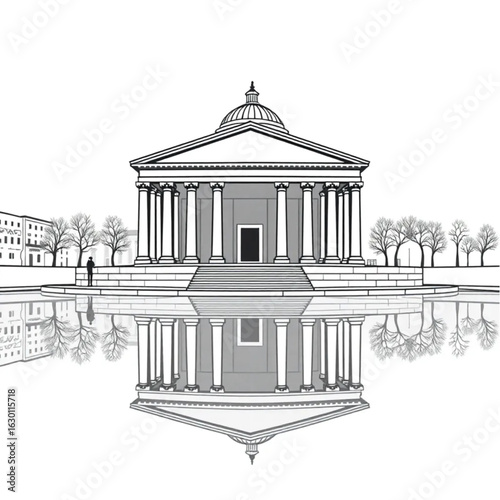 Pantheon reflecting in calm water in Rome around the winter solstice