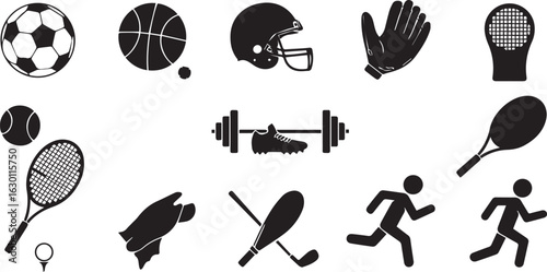 Assortment of Sports Equipment and Athlete Icons soccer ball basketball