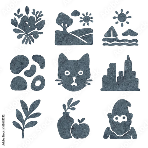 Watercolor Theme Icons Grid. Solid, filled icons set of watercolor subject themes: floral bouquet, landscape