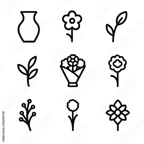Floral Icon Grid. Outline icon set of floral arrangement composition: vase silhouette, flower head, stem line, leaf pattern,
