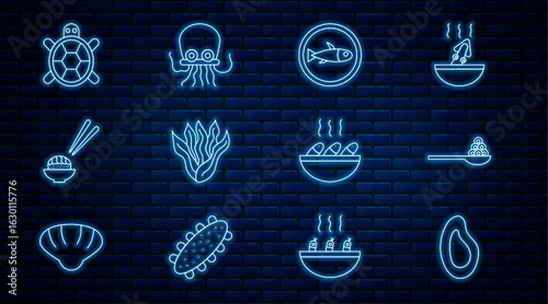 Set line Mussel, Caviar on a spoon, Served fish plate, Seaweed, Sushi, Turtle, Fish soup and Octopus icon. Vector