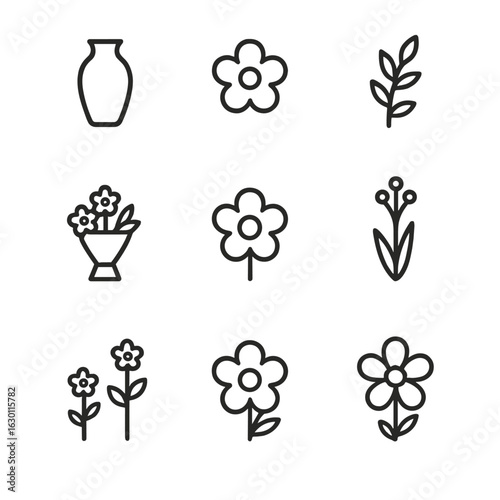 Floral Icon Grid. Outline icon set of floral arrangement composition: vase silhouette, flower head, stem line, leaf pattern,