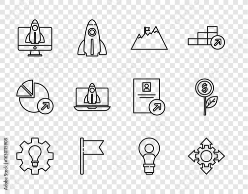 Set line Light bulb and gear, Project team base, Mountains with flag, Location marker, Startup project concept, Head lamp and Dollar plant icon. Vector