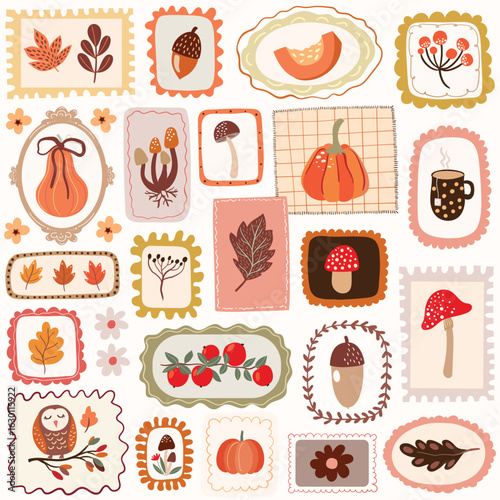 Autumn seamless pattern with elements in stamps and frames, seasonal aesthetic wallpaper, seasonal design 