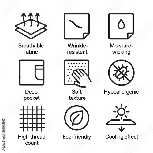Sheet Features Icons. Outline icon set of sheet features: breathable fabric, wrinkle-resistant, moisture-wicking, deep pockets,