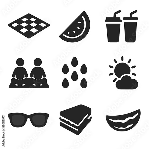Watermelon Picnic Icons. Solid, filled icons set of watermelon picnic fun: picnic blanket, watermelon slice,