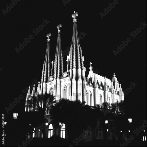 La Sagrada Familia bathed in dawn light in Barcelona at midnight with glowing lanterns