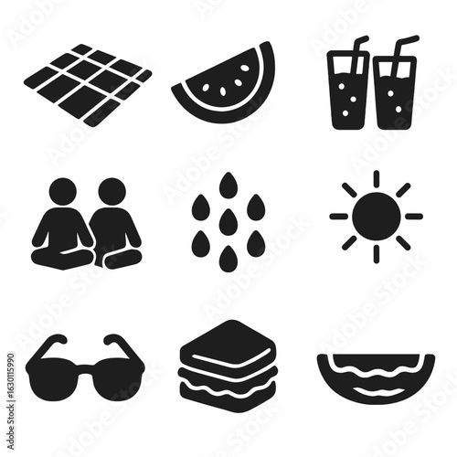 Watermelon Picnic Icons. Solid, filled icons set of watermelon picnic fun: picnic blanket, watermelon slice,