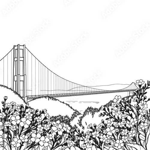 Golden Gate Bridge surrounded by blooming flowers in San Francisco during the crisp autumn afternoon