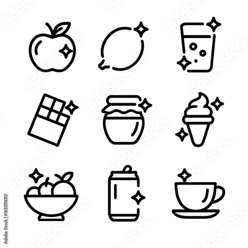 Shiny Food Icons. Outline icon set of shine in food: glossy apple, shining lemon, sparkling water glass, radiant chocolate,