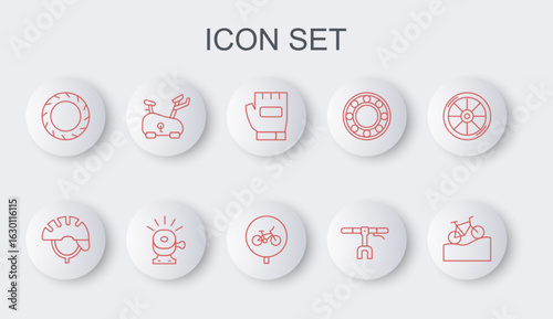 Set line Mountain bicycle, Bicycle helmet, Gloves, handlebar, wheel tire, Stationary, bell and icon. Vector