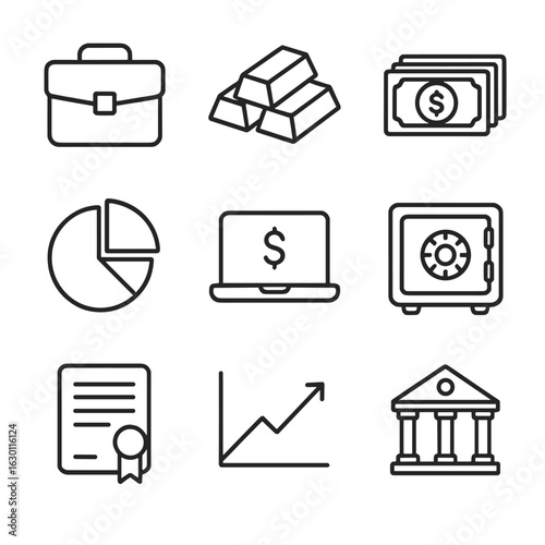 Wealth Management Icons. Outline icon set of wealth management: briefcase, gold bars, money stack, pie chart,