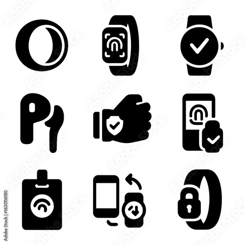 Wearable Biometric Icons. Solid, filled icons set of wearable biometric devices: smart ring, fitness band with
